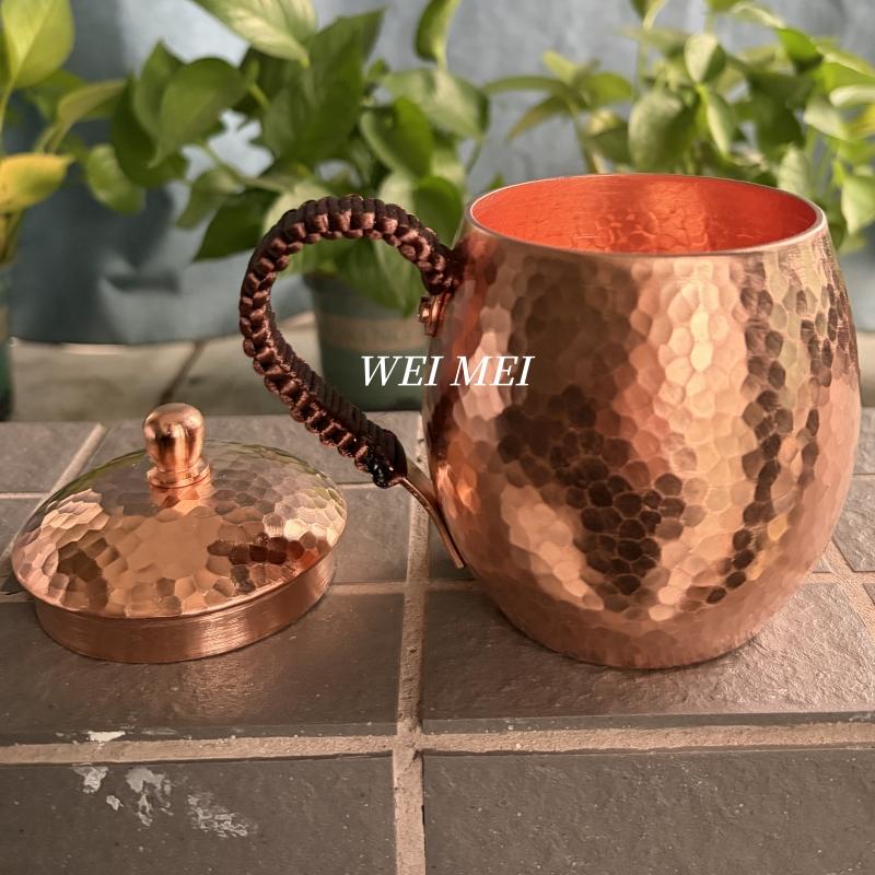 Vintage Copper Oval Coffee Mug,Thickened With Lid Drinking Water Cup,Handcrafted Hammer Texture Woven Handle Tea Cup Tableware
