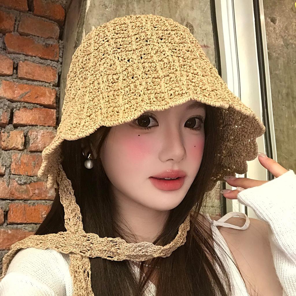 Korean Version Spring And Summer Japanese Hollow Knitted Fisherman'S Hat Children Show Small Face Straps Sunshade Sunscreen Basin Hat