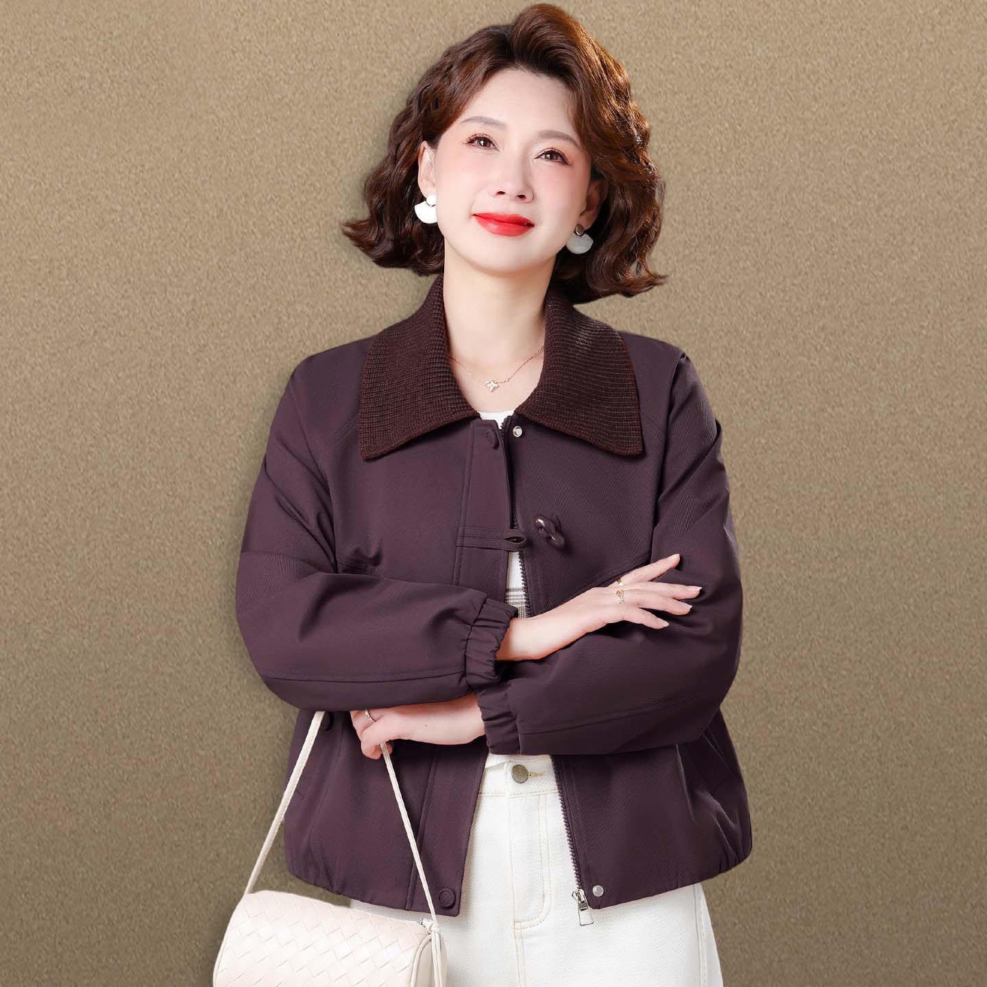 

Stylish Spring Horn Button Lapel Coat for Middle-aged & Elderly Women – Color Block Short Windbreaker L (suggested below 105 jin)