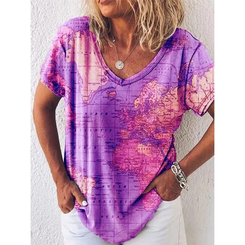Women'S Map Print Shirt V-Neck Loose Short-Sleeved T-Shirt