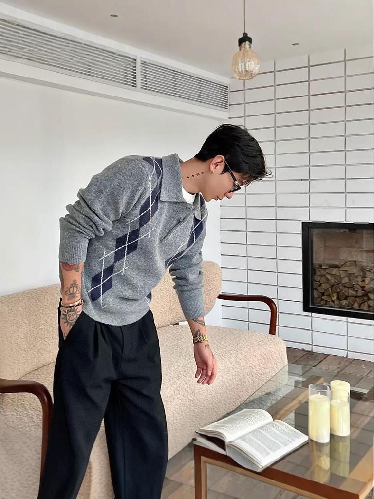 Men's British Argyle Long-Sleeve Polo Sweater - Versatile Collegiate Style for Spring and Autumn