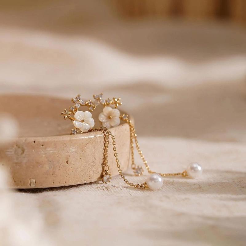 Delicate Flower Design Dangle Earrings With Simulated Pearls Chain Bridal Jewelry Glossy Gold or Silver Finish