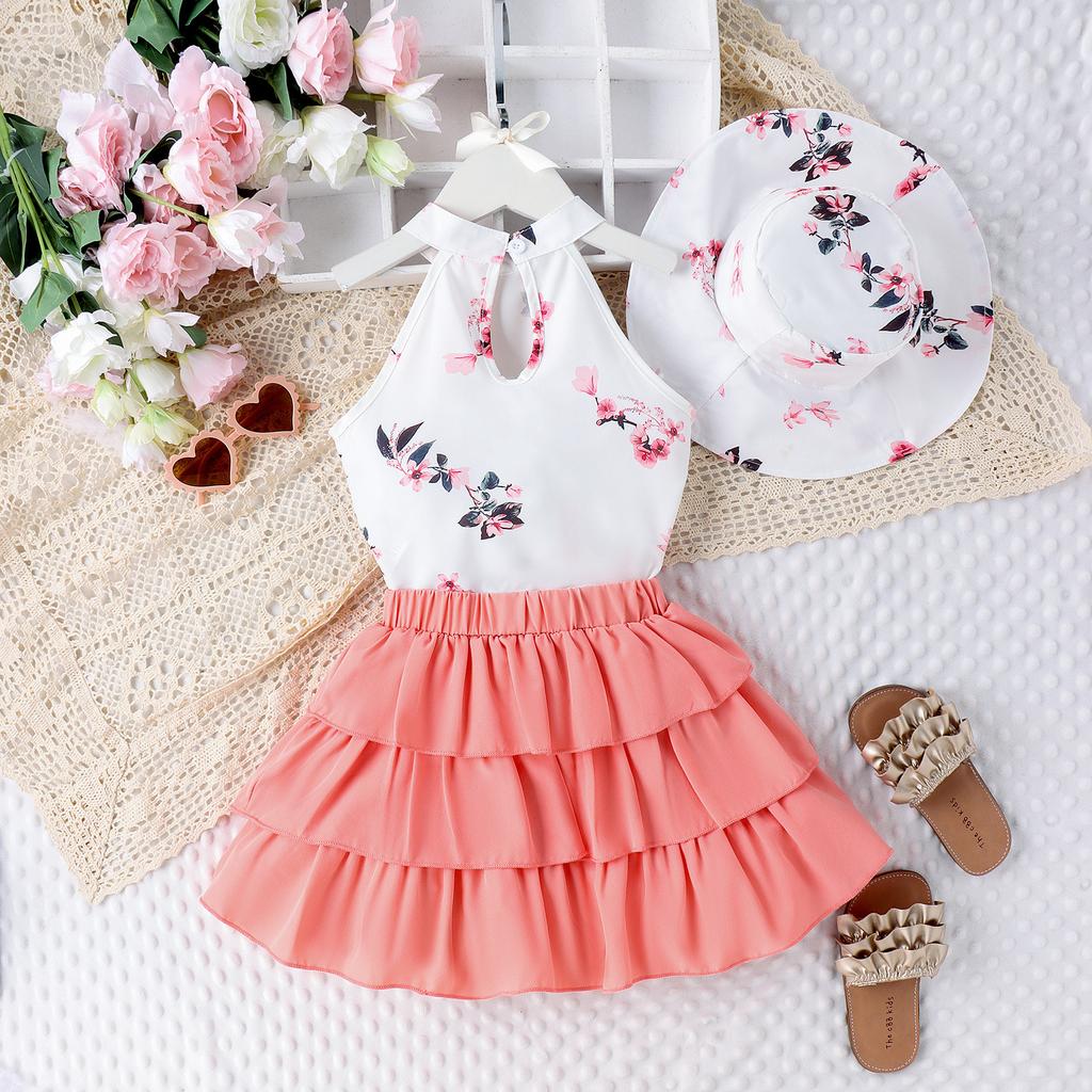 Dziewczęcy Modny Garnitur Letni Dziecięcy Nadruk Halter Top + Spódnica Tortowa z Kapeluszem Garnitur