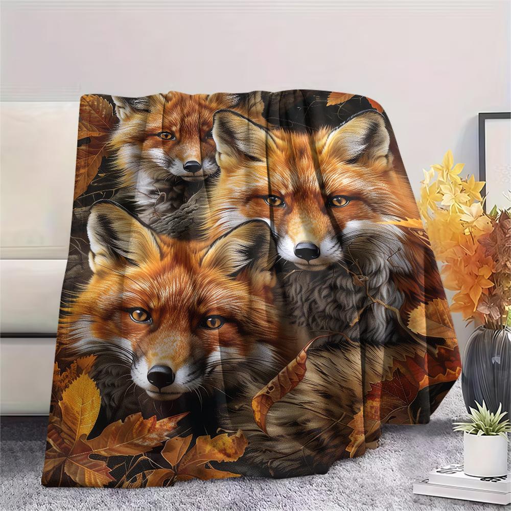 1Pc 3D Fox Print Flannel Blanket, High quality Comfortable for All Seasons, Home Decor, Warmth and Comfort, Perfect for Christmas Gifts
