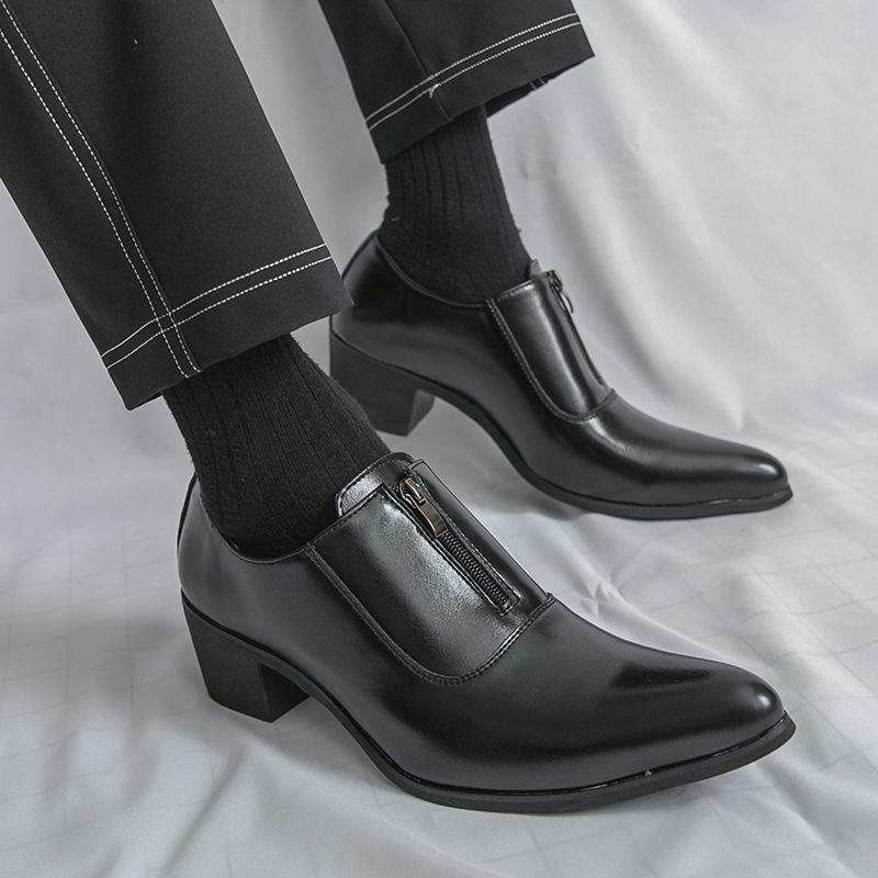 Men's Large Leather Formal High Heel Pointed Toe Cuban Shoes – Spring/Autumn Height-Boost Business & Wedding Banquet Footwear