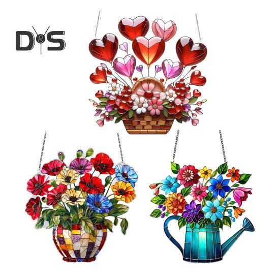 Potted Plants Sun Catcher Acrylic Window Hanging Ornament Floral Pattern Suncatcher for Home Wall Sunlit Spaces Decoration