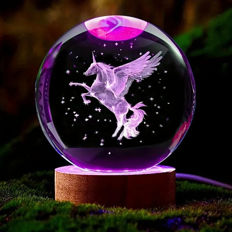 6CM Unicorn Crystal Ball Decorative Crystal Glass Ball Laser Internal Carving Colorful Light Base Ornament Valentine's Day Gift