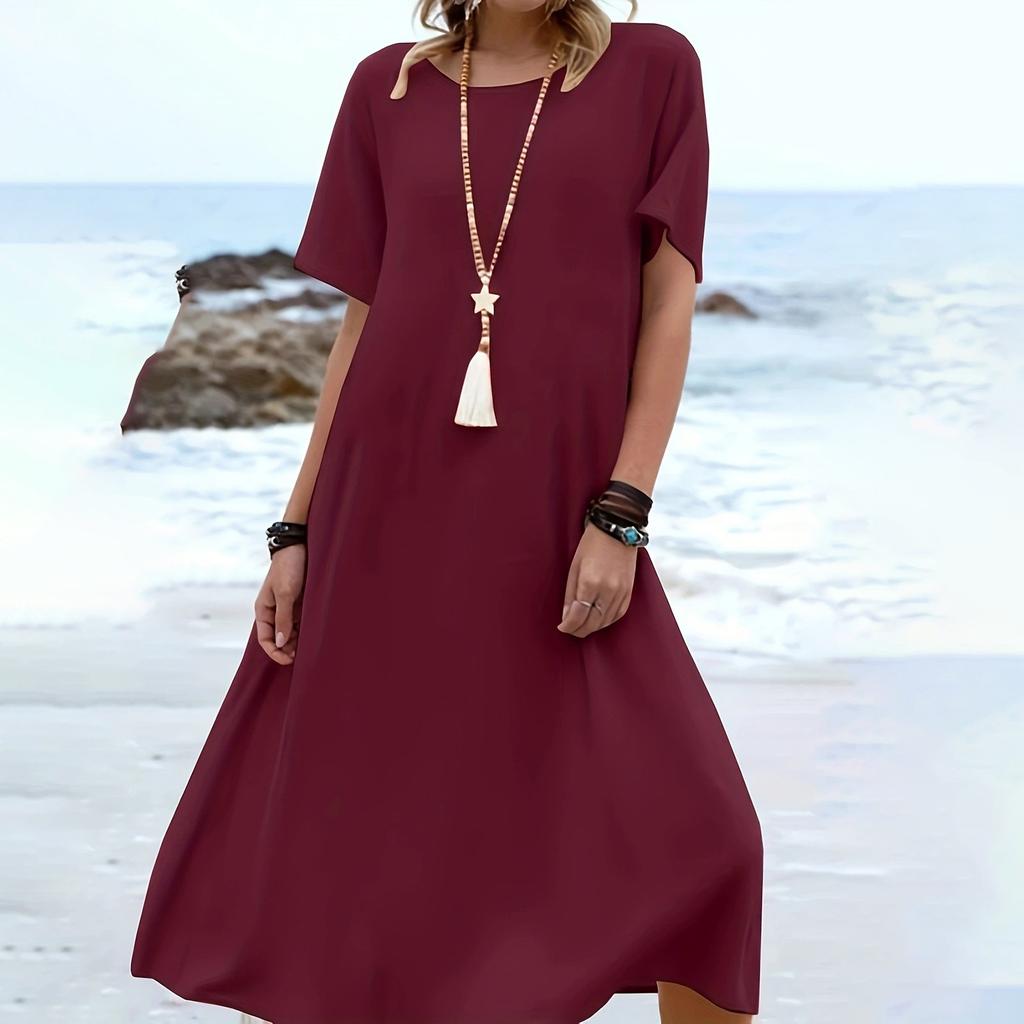Women's Fashionable Solid Color Round Neck Short Sleeved Loose Dress