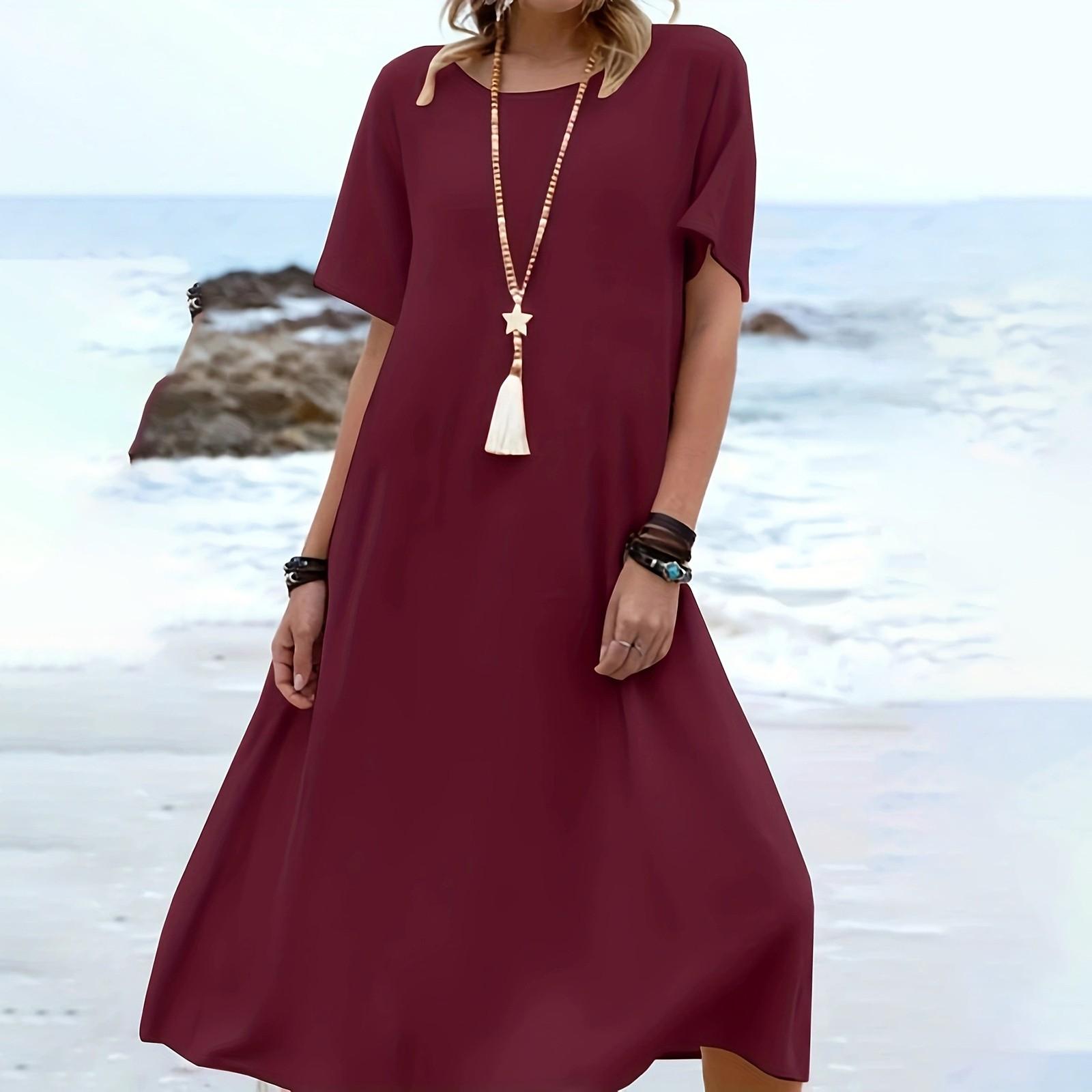 

Женское модное однотонное платье свободного кроя с круглым вырезом и короткими рукавами L розовый