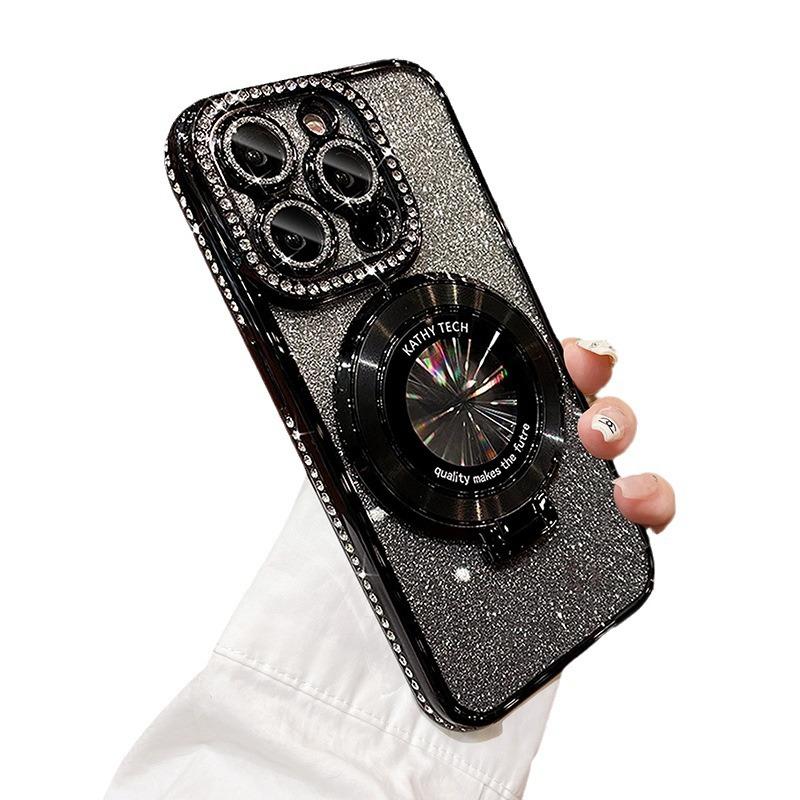 Applicable To Apple 16promax Mobile Phone Case New IPhone 15PM Magnetic Bracket 12 Rhinestone Edge 13 Flash Powder 11