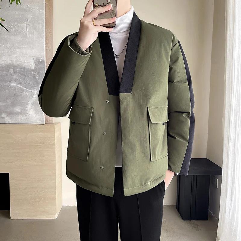 

Мужская повседневная теплая куртка с толстой хлопковой подкладкой, мужская зимняя верхняя одежда, теплая свободная куртка, молодежные модные парки, мужская верхняя одежда с вставками M армия зеленый