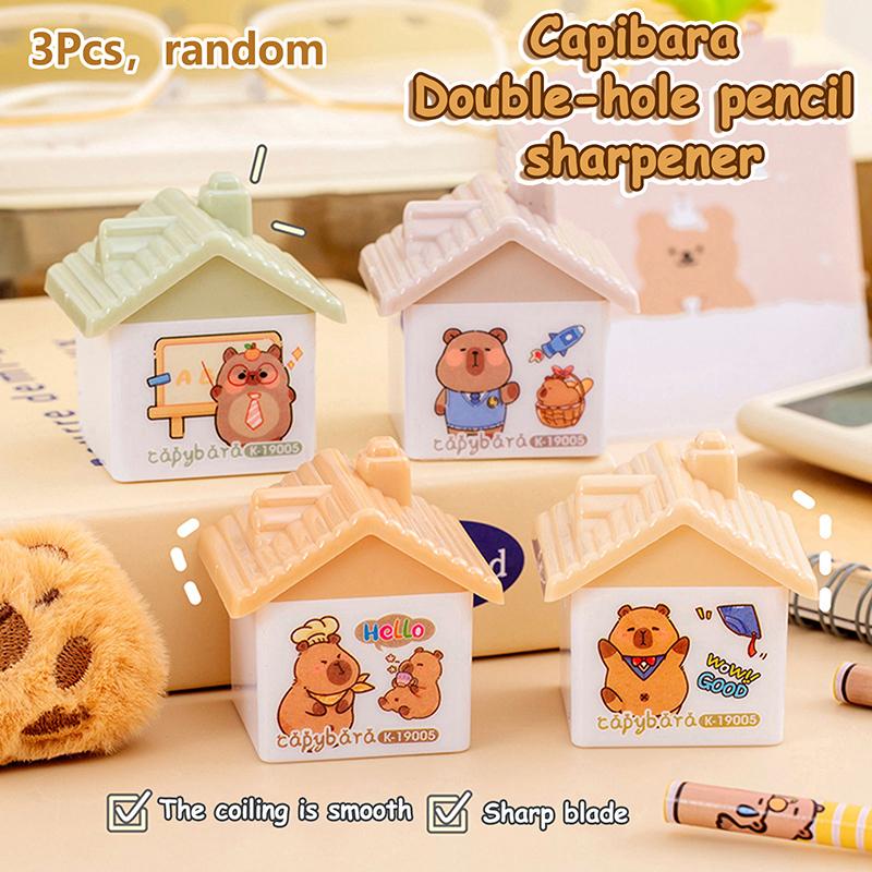 Random 3Pcs Cute Capybara Pencil Sharpener Portable Double Hole Pencil Sharpener Mini Manual Pencil Sharpener Student Stationery