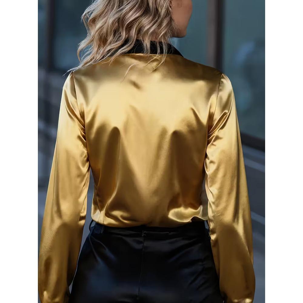 Fashionable Women’s Plain-coloured Shirt; Satin Two-tone Long-sleeved Top; Women’s Shirt