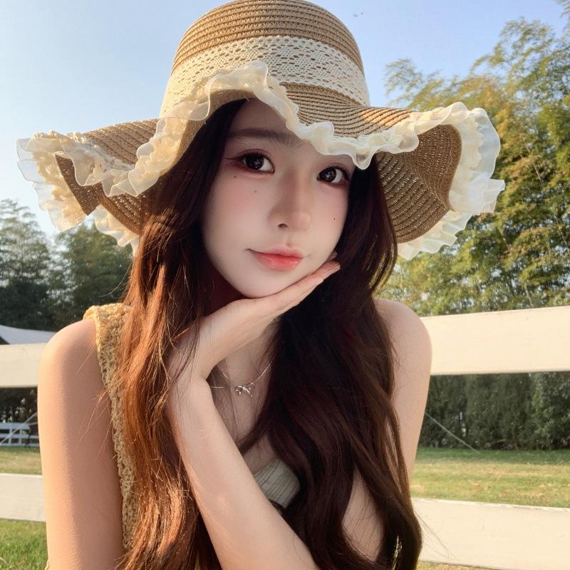 Beach Sun Hat Summer Hat Lace Straw Hat Seaside Shade French Sunscreen Straw Sun Hat Brim