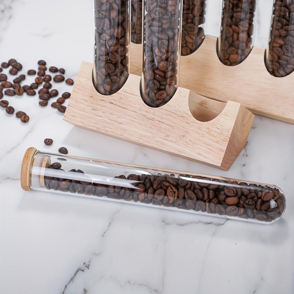 4pcs Food Jars & Canisters Glass Multipurpose Round Flip Top Reusable Test Tube With Rack Empty Coffee Beans Tea Spice Glass Storage Bottle For Bar Ho