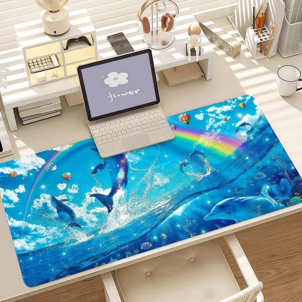 Gaming Mouse Pad Large Mat AntiSlip Stitched Edges Blue Sea Dolphin Rainbow Print Keyboard Pad For Gaming Home