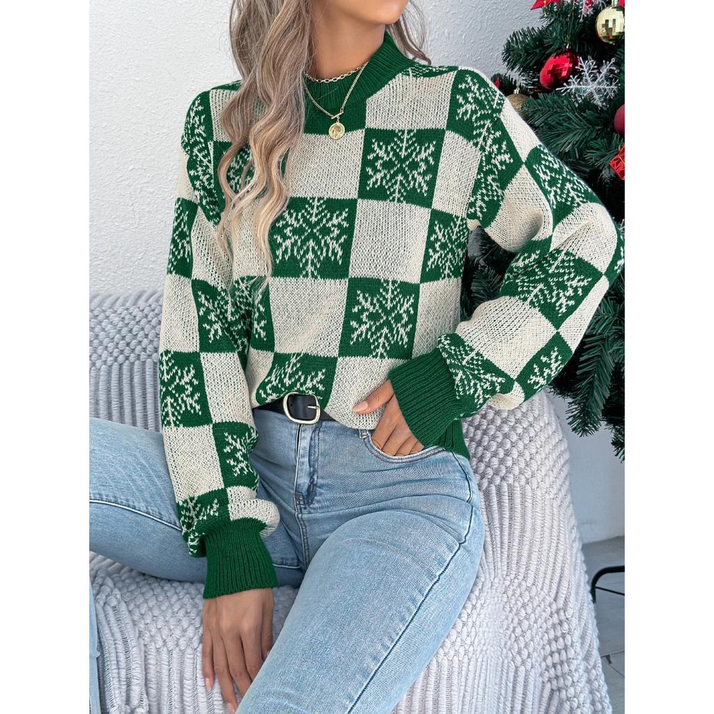 Autumn Winter Snowflake Checkered Knitted Sweaters Lantern Pullover Sweater Women's Christmas Sweater