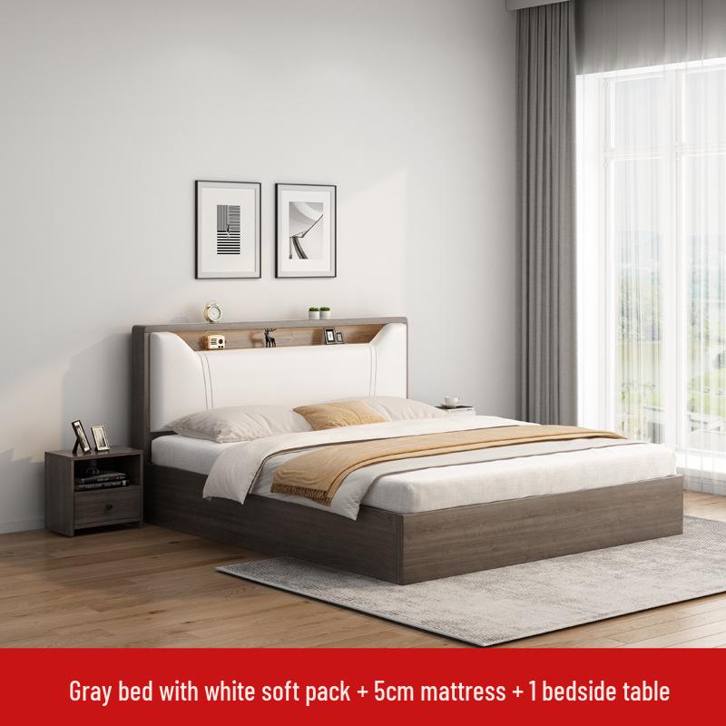 Modern Minimalist Solid Wood Panel Bed - Double (1.8m) or Single (1.2m) for Master Bedroom or Rental Room