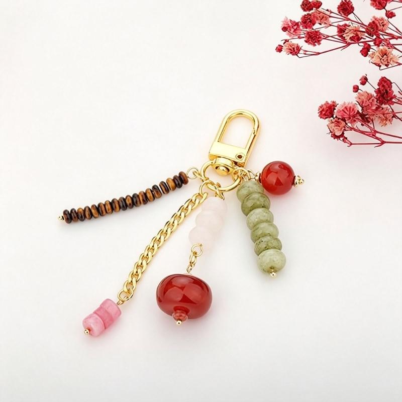 Decorative Beaded Keychain Charm with Gold Tone Clasp and Chain Detail, Bag Charm Key Ring Accessory for Daily Carry