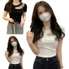 Summer Cropped Top U-Neck Hollow Out Short Sleeves Solid Color Pullover