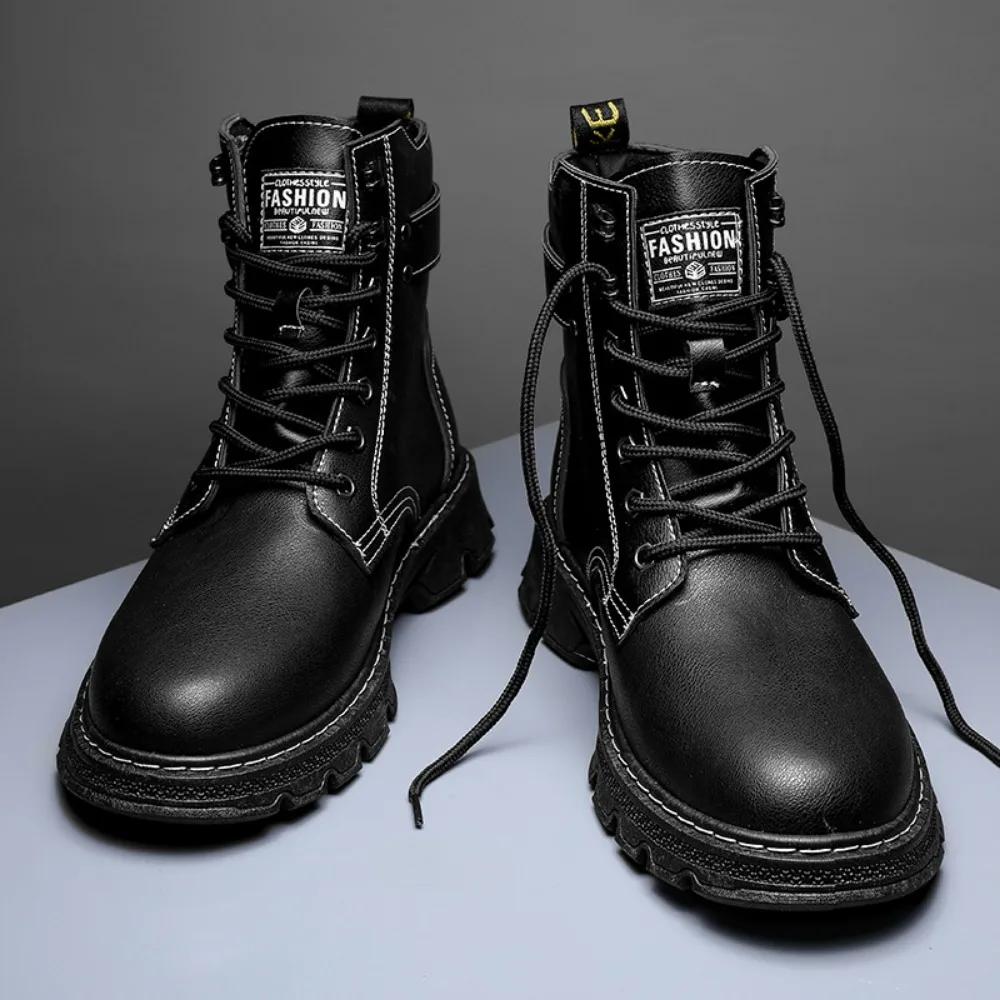 Men's Short Boots for Autumn\winter High Top Lace Up Workwear Shoes Outdoor Casual Mens Boots Side Zipper Mid Top Leather Shoes