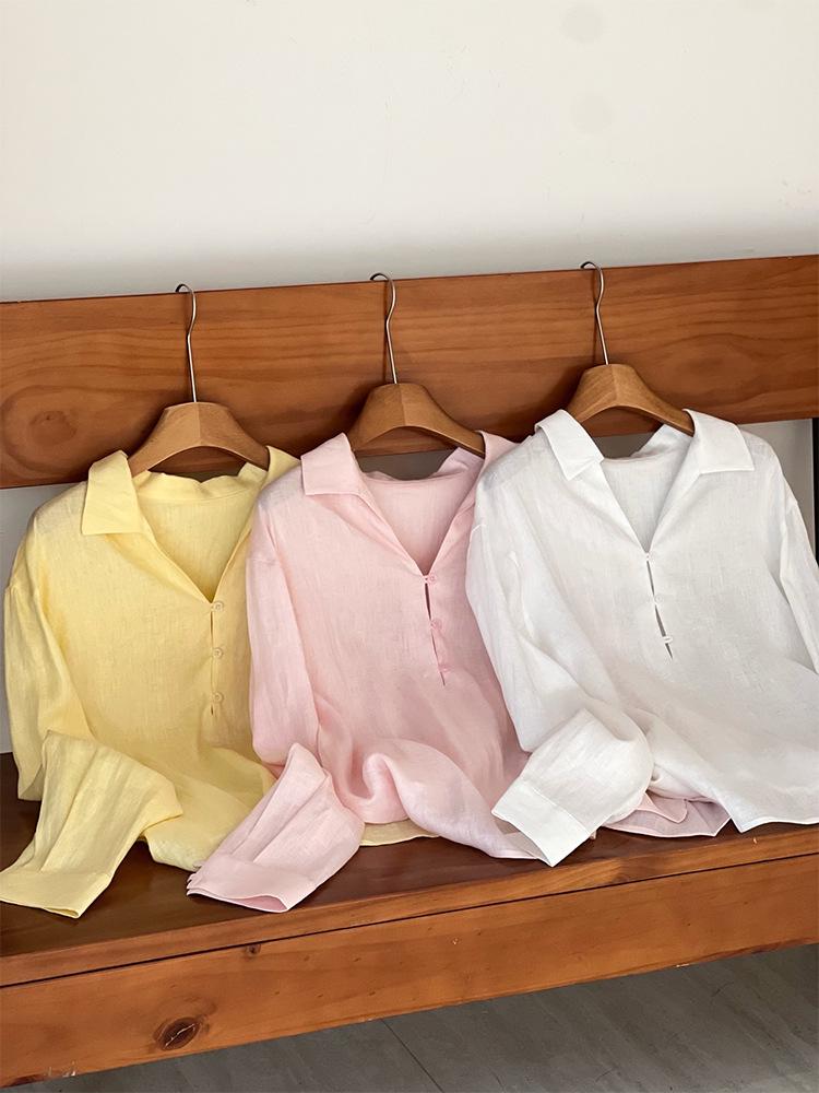 Si Yuan Design V-Neck Button-Down Linen Shirt - Women's Loose Relaxed Fit, New Style 2026.