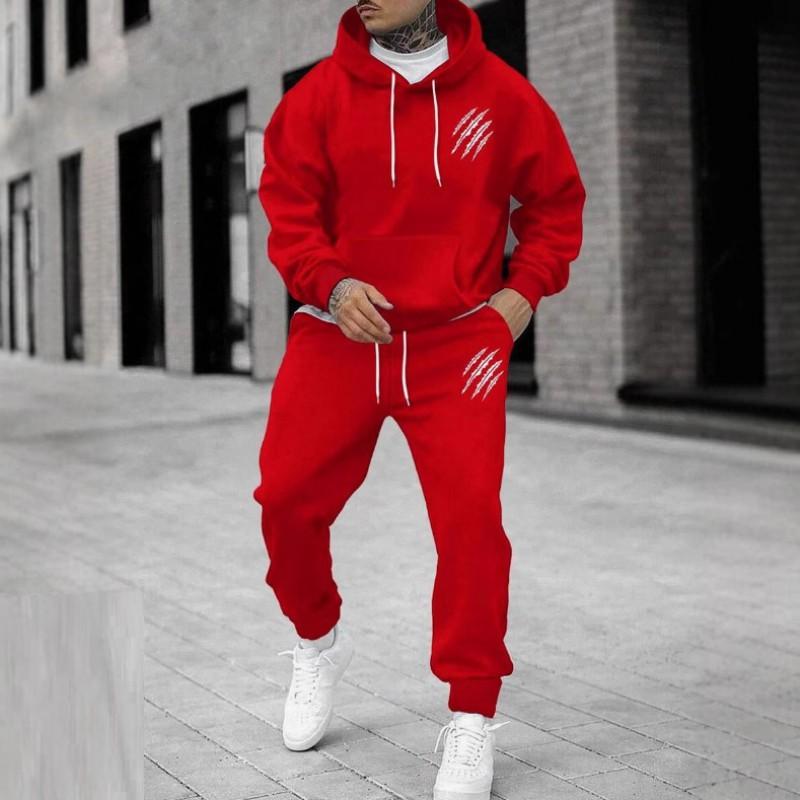 Mens Winter Hooded Sweatshirt Pants Set With Animal Paw Print Sporty Casual Streetwear