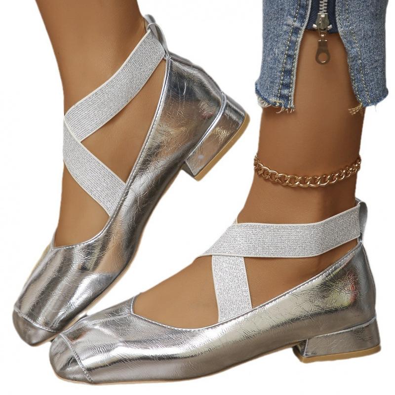 Chaussures grande taille Sangle élastique croisée française ne peut pas tomber, Chaussures simples Mary Jane, Bout carré à ouverture peu profonde Chaussures de ballet
