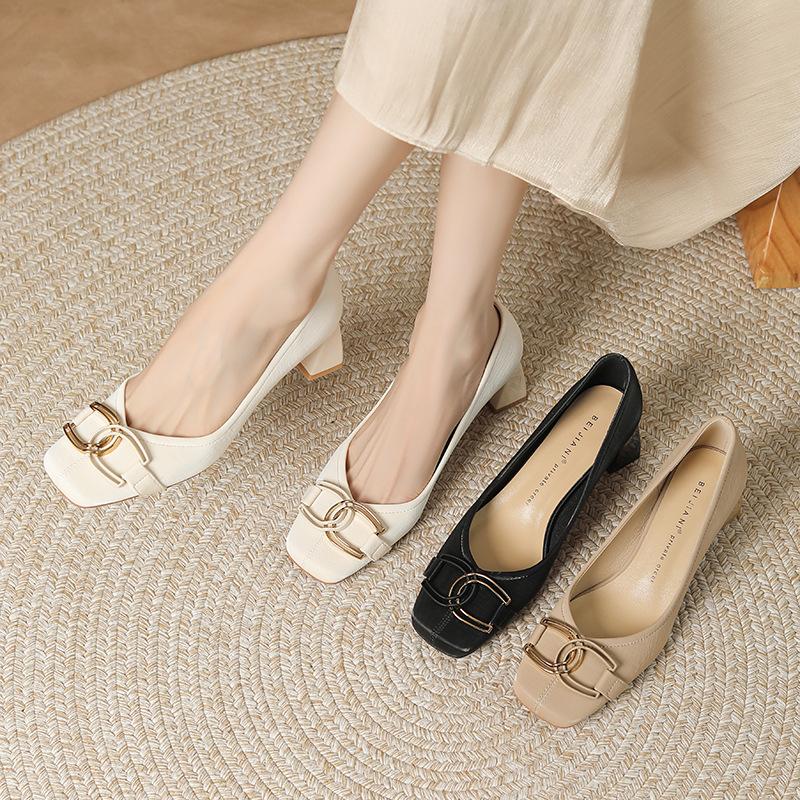 Sheepskin Square Head Thick Heel Shallow Mouth Single Shoes Small Fragrant Wind Evening Wind High Heels Retro Mary Jane Shoes