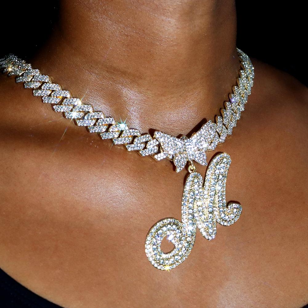 Men Women 14MM Cuban Chain Crystal Butterfly Initials Name Pendant Necklace Iced Out Cursive Letters Rapper Necklace Jewelry New