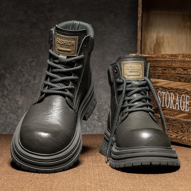 2024 Trend Mens Leather Boots High Quality Casual Mens Ankle Boots Lace-up Business Outdoor Non-Slip Thick Sole Mens Boots