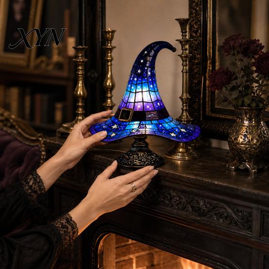 Halloween Decoration Lamp Witch Hat Table Lamp, USB Powered LED Bedside Light, Resin Gothic Night Light for Bedroom, Living Room, Shelf Decor