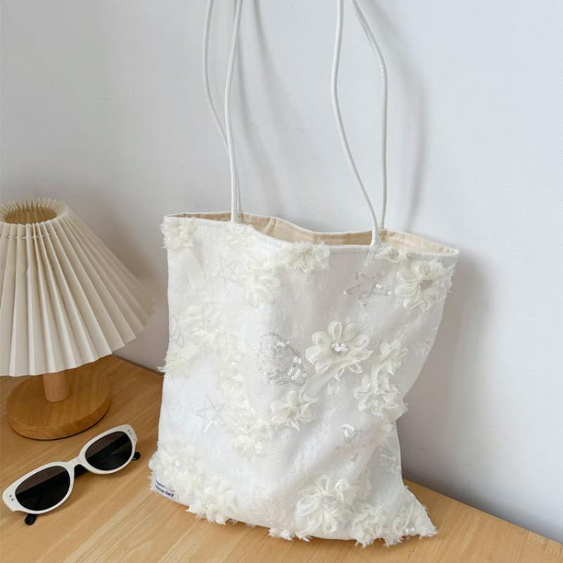 Floral Lace Canvas Shoulder Bag Women Sweet Pastel Tote Soft Medium-Sized Handbag With Phone Pocket