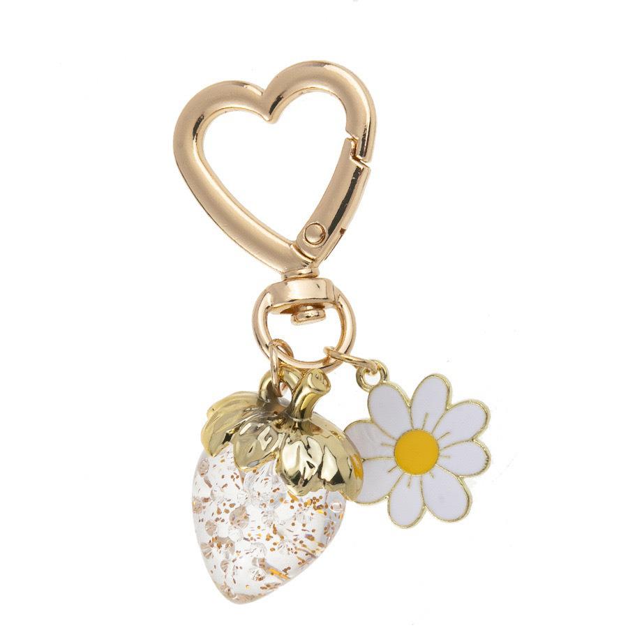 Peach Heart Strawberry Flower Keychain - Heart-Shaped Bag or Car Pendant