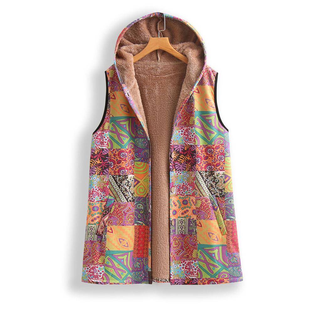 Women's Fashion Retro Sleeveless Warm Printed Wrap Stripe Vest Jacket