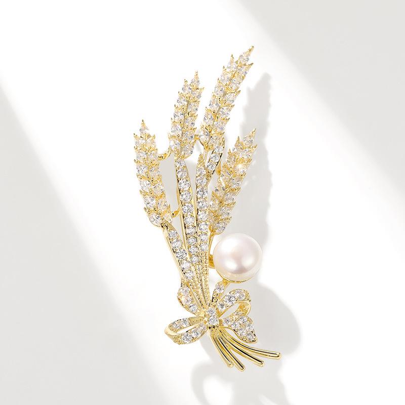 Bo Xin Yun Zircon and Agate Wheat Ear Brooch with Natural Pearl Bow Tie Pin