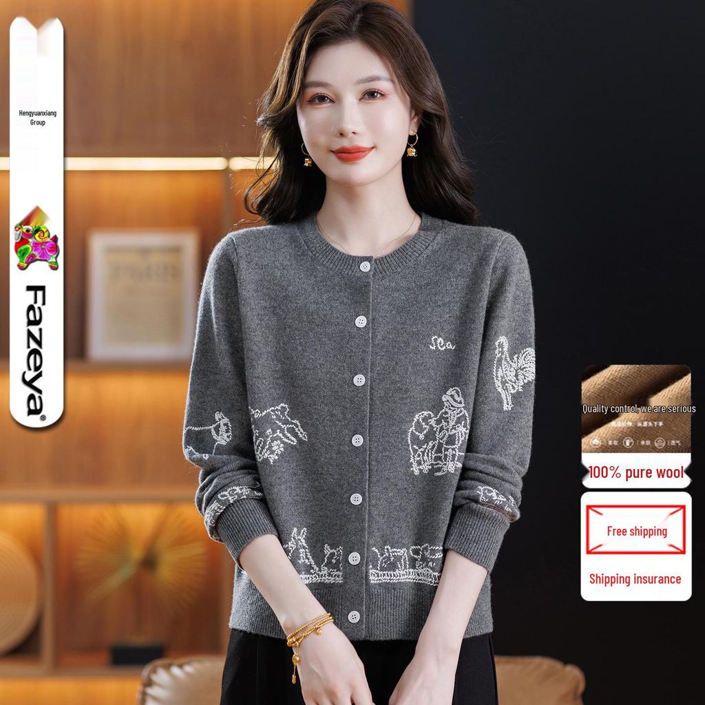 Women's Autumn Wool Cardigan - Letter Embroidery & Animal Knit Design, Round Neck, Long Sleeve