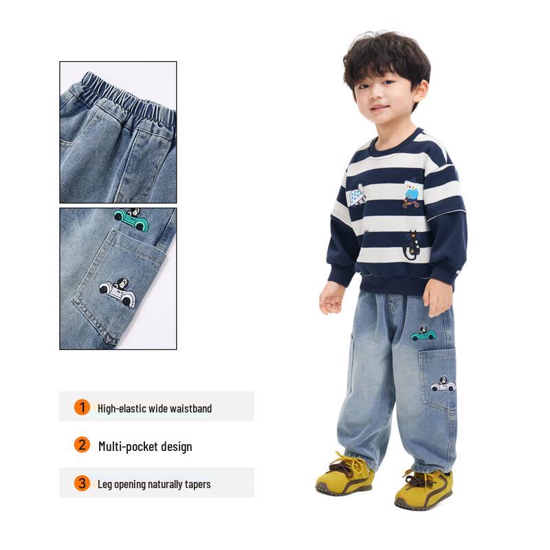 Boys' Cartoon Embroidered Loose Fit Jeans