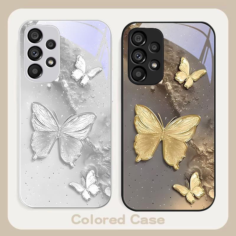 Golden Butterfly Pink For Samsung Galaxy S23 U Ltra 24 Plus S20 21 FE S25 Ultra A70 A72 73 51 52 53 Tempered Glass Phone Case