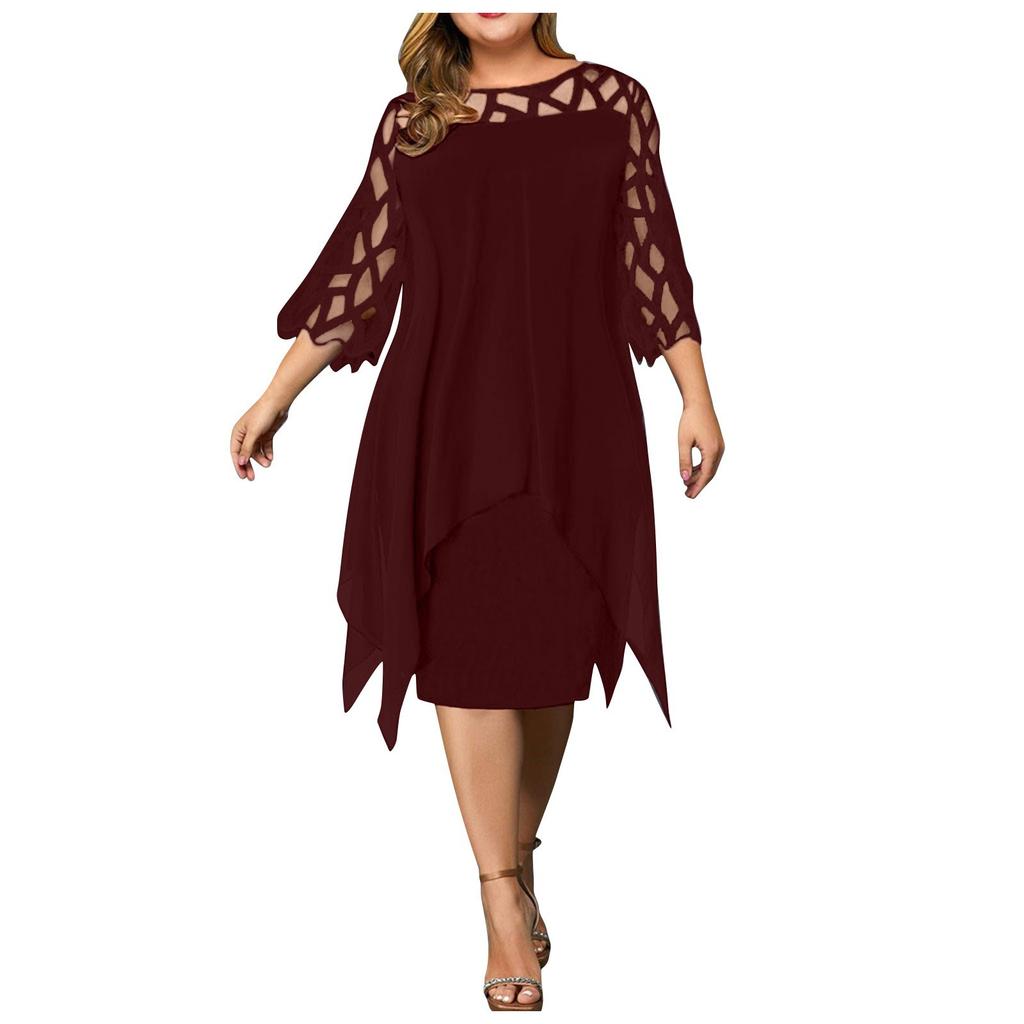 Damenkleid mit Rundhalsausschnitt, Spitzen-Patchwork, verkürztem Saum und 3/4-Ärmeln