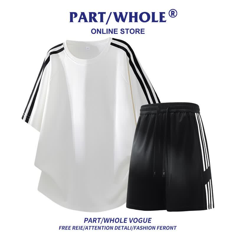 Men s Summer Ice Silk Quick-Dry Striped T-Shirt & Shorts Set XL белый
