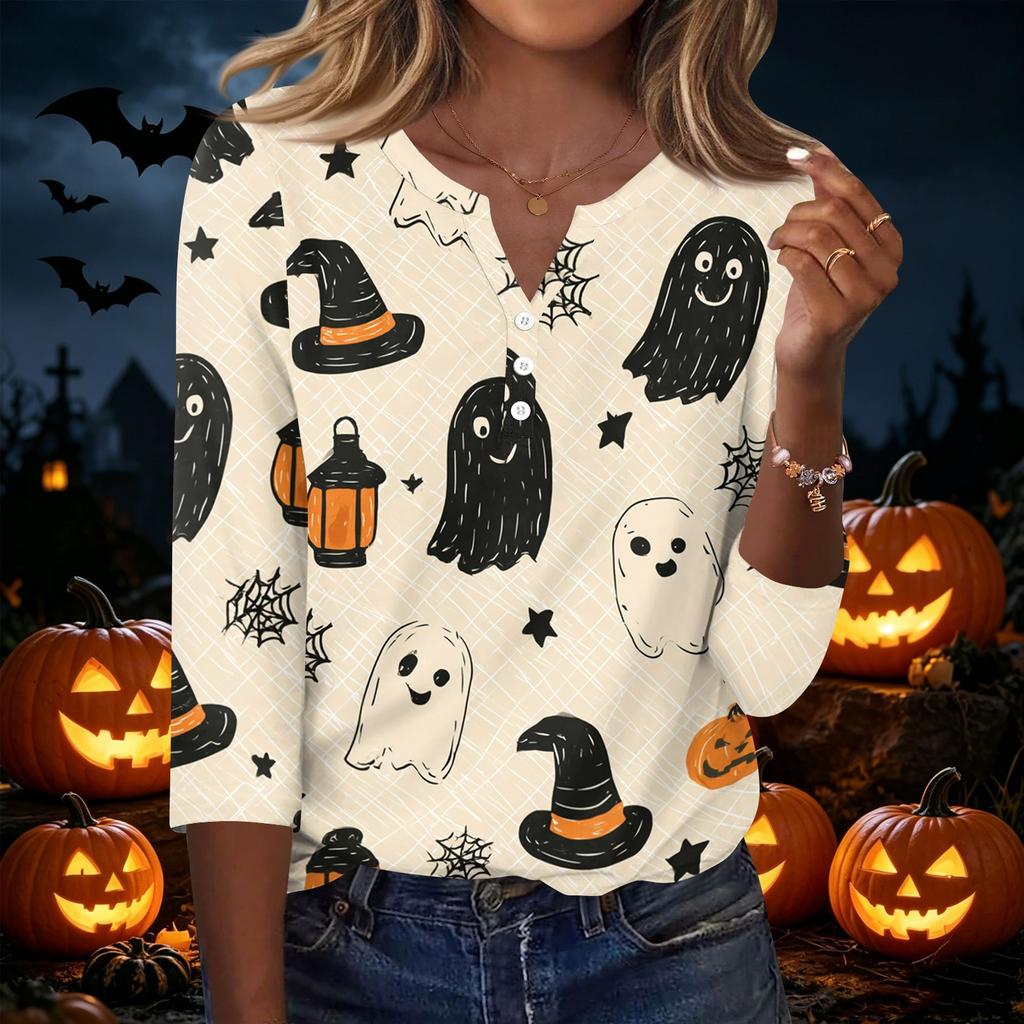 Women's Casual Halloween Print V Neck Button Front Three Quarter Sleeve T Shirt Top Lightweight Soft Fabric Comfortable Fit
