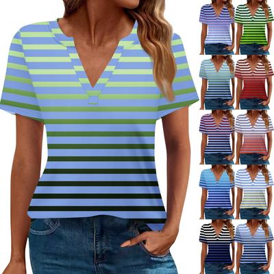 Women's Summer Gradient Stripe Print Short Sleeve V Neck Shirt Business Casual Loose T-Shirt Trendy Fashion Clothing Tops