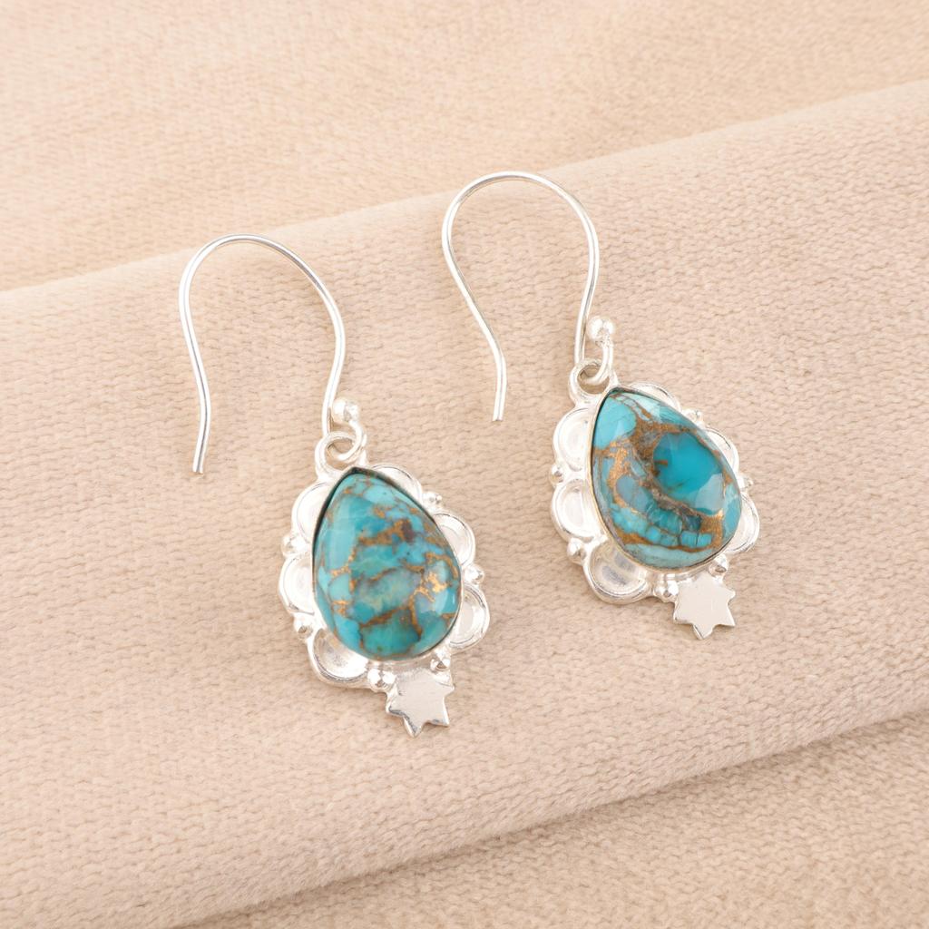 Blaue Kupfer Türkis Handgemachte Edelstein Ohrringe, 925 Sterling Silber Ohrringe Antiker Schmuck, Für Verlobungsgeschenk