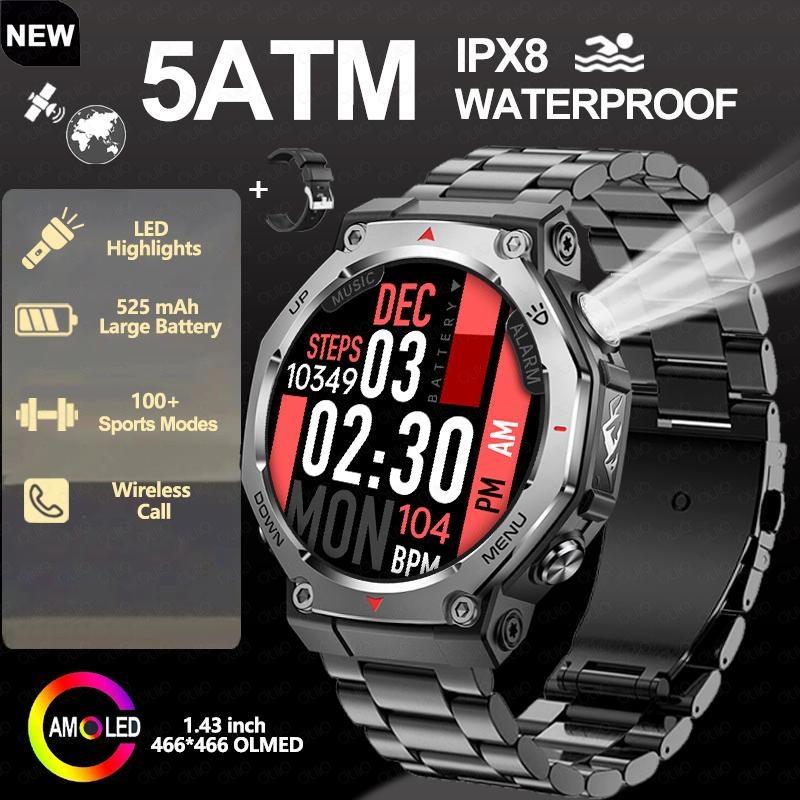2026 New Flashlight-UV Light Smart Watch 5ATM Waterproof 1.43 Inch AMOLED Heart Rate 100 Sport Modes Bluetooth Call Smart Watch