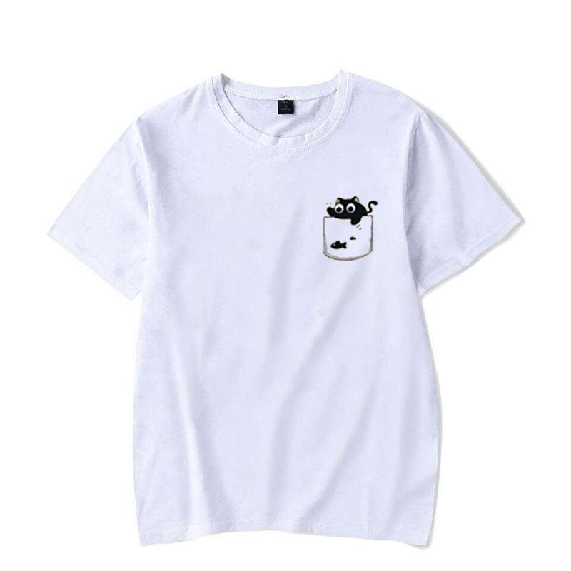 Hot T-shirt Retro Fashion Black Cat Printing T-shirt Oversized Women Men Cool Summer Cartoon Loose T-shirt