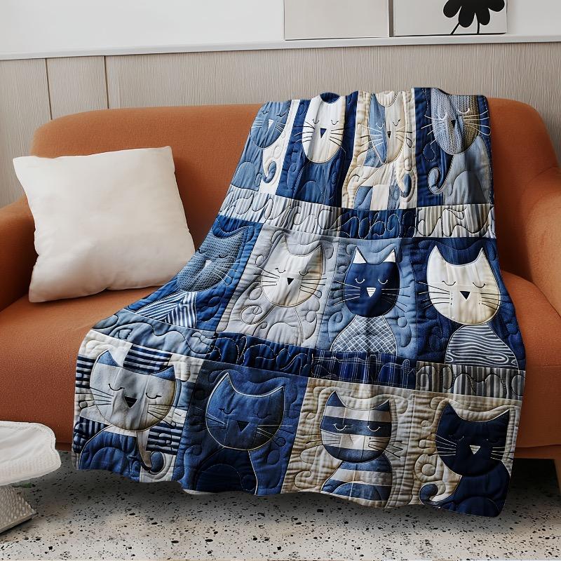 Retro blaue und weiße Patchwork-Katzen-Decke - weicher Flanell für das ganze Jahr, bunte Streifen und einfarbiges Blockdesign