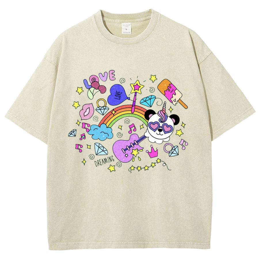 Cartoon Cute Elements Women's T-Shirt Oversized Loose Retro Wash Short Sleeve Unisex Casual Basic Simple Top
