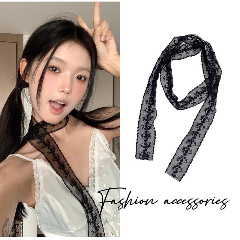 Sweet Flower Lace Neck Strap Dressing Decoration Korean Style Hair Band Neckerchief Transparent Long Ribbon Head Scarf