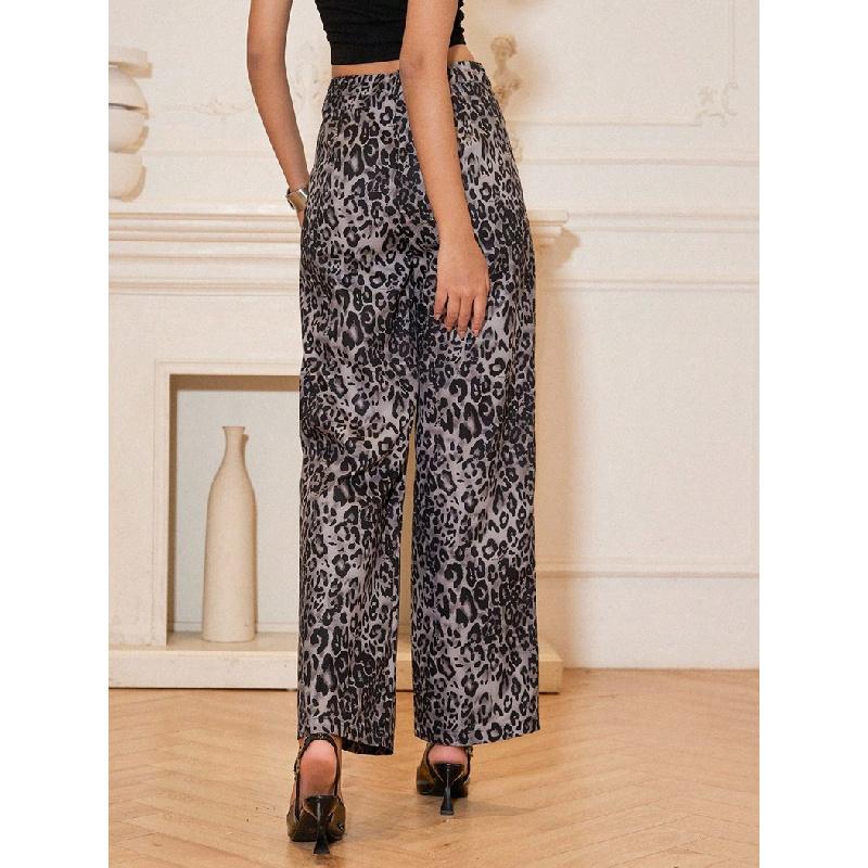 Pantaloni Larghi a Vita Alta con Stampa Leopardo da Donna Primavera 2026, Nuovi Pantaloni Casual Dritti Larghi